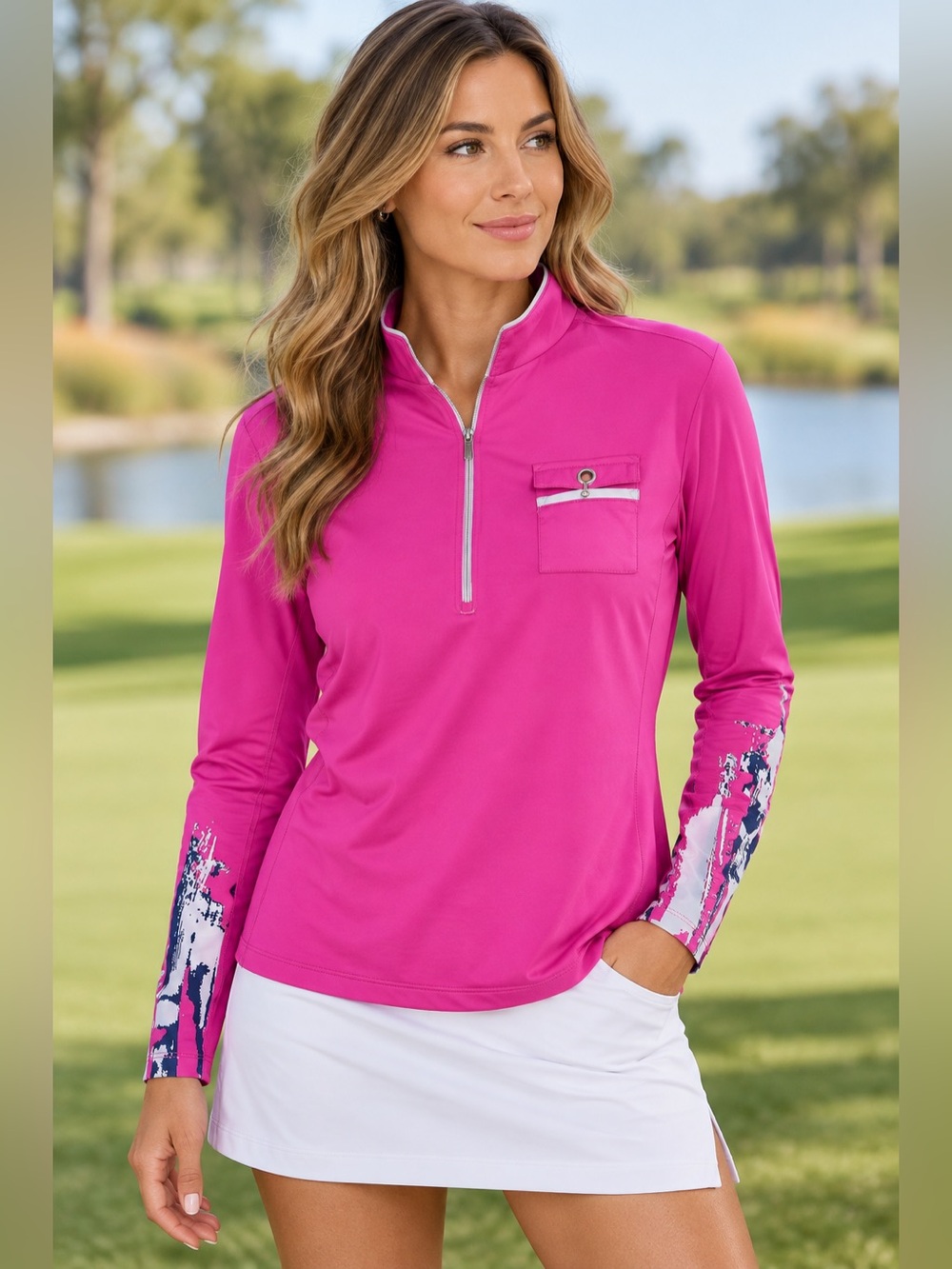 Jamie Sadock Pink Quarter Zip Golf Pullover Top Abstract Sleeves Size L